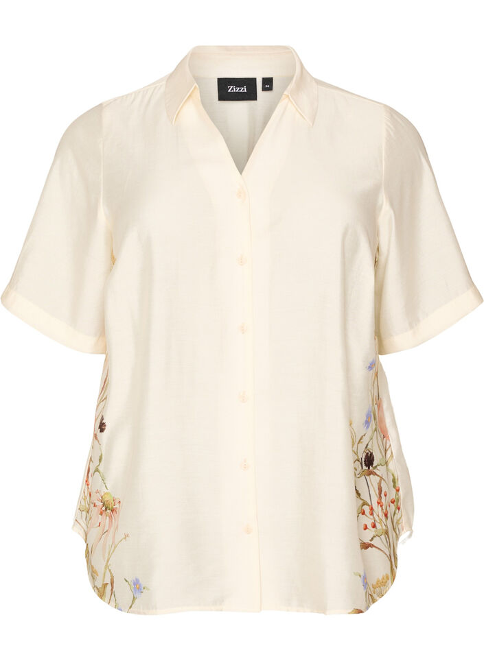 Bluse mit ellbogenlangen &Auml;rmeln und gebl&uuml;mten Details, Beige, Packshot image number 0