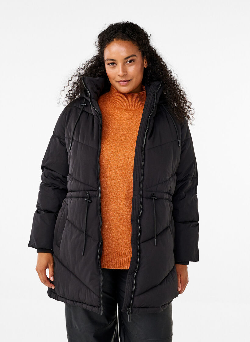 Mittellange Pufferjacke mit Kapuze, Black, Model image number 0
