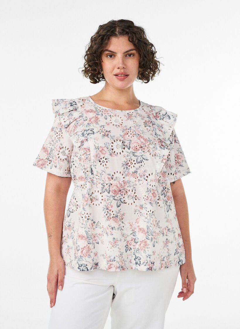 Bluse aus Baumwolle mit Broderie Anglaise und R&uuml;schen, Rot, Model image number 0