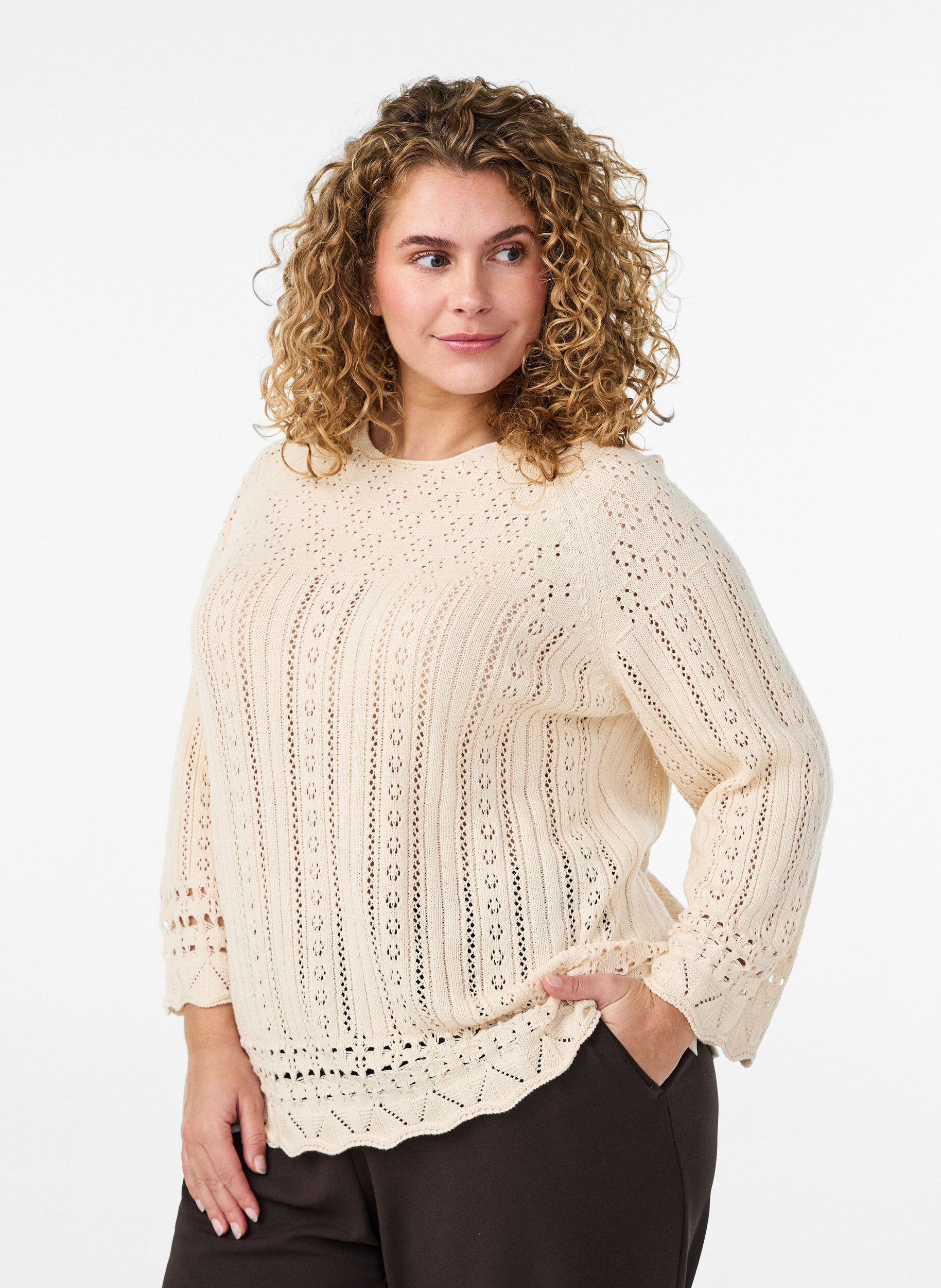 ZizziStricktop mit Lochstickerei und 3/4-&Auml;rmeln, Beige, Model image number 0