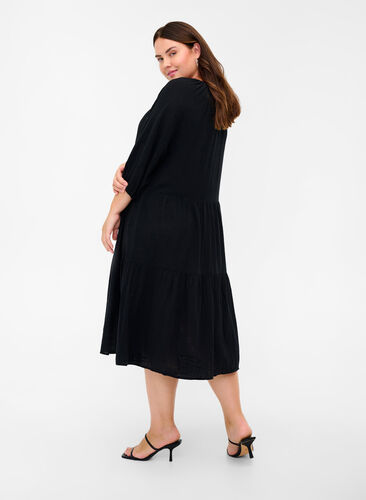 Baumwoll-Kleid mit 3/4 Ärmeln und Binde-Detail, Black, Model image number 1