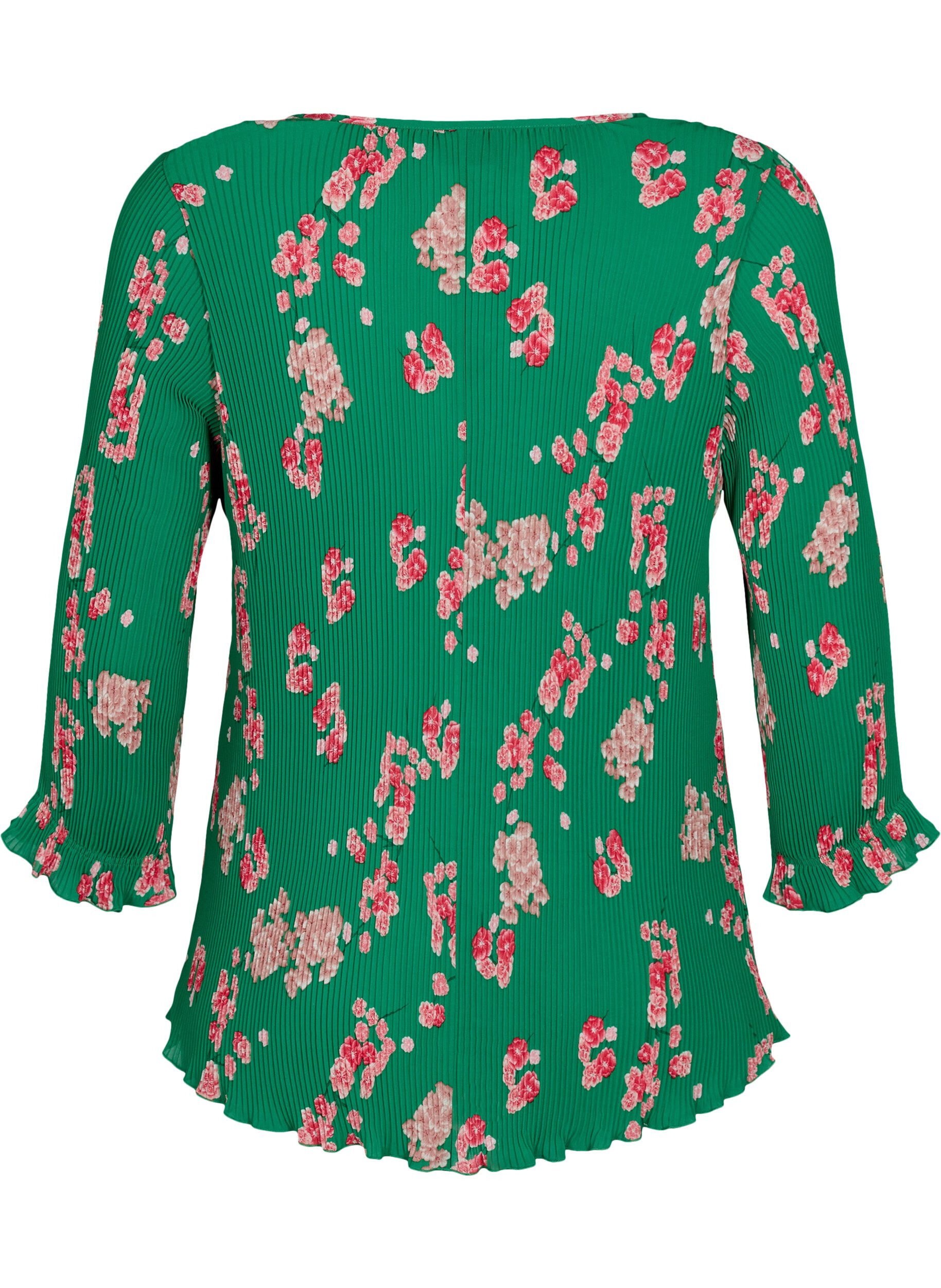 ZizziPlissierte Bluse mit 3/4-&Auml;rmeln, Jolly Green Flower, Packshot image number 1