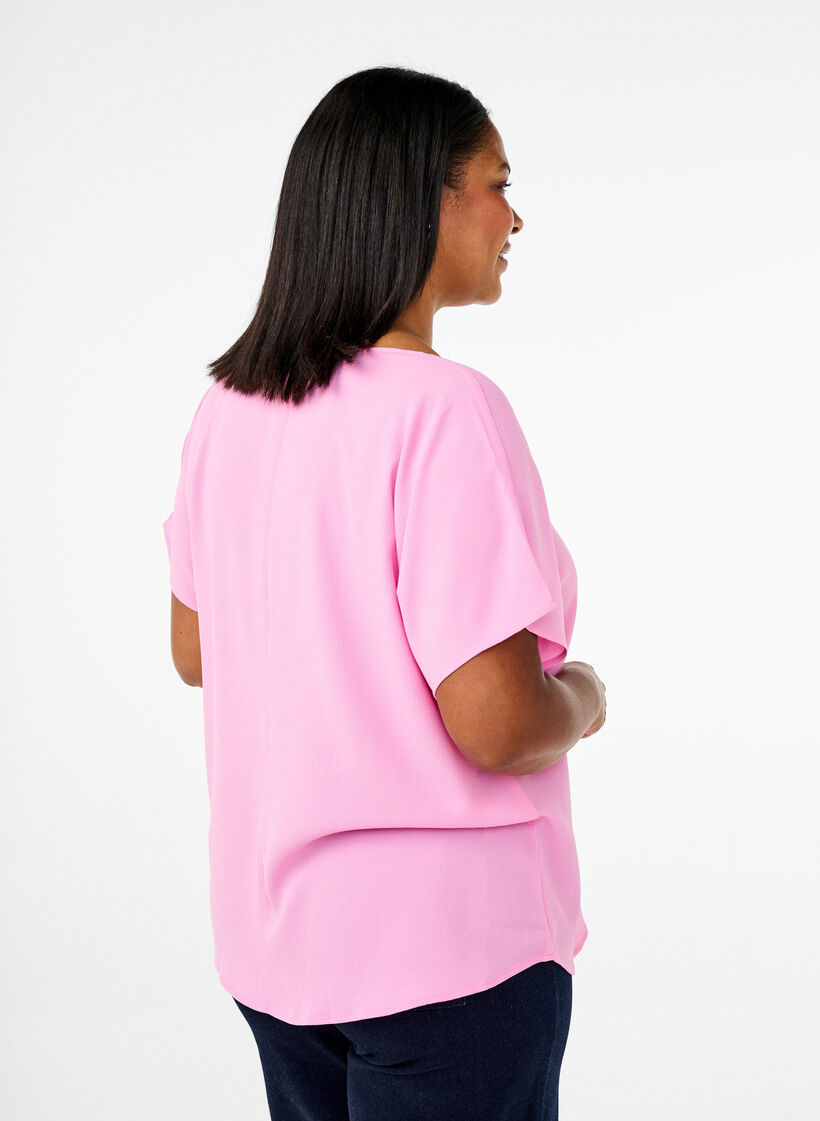 Bluse mit kurzen &Auml;rmeln und Rundhalsausschnitt, Pink, Model image number 2