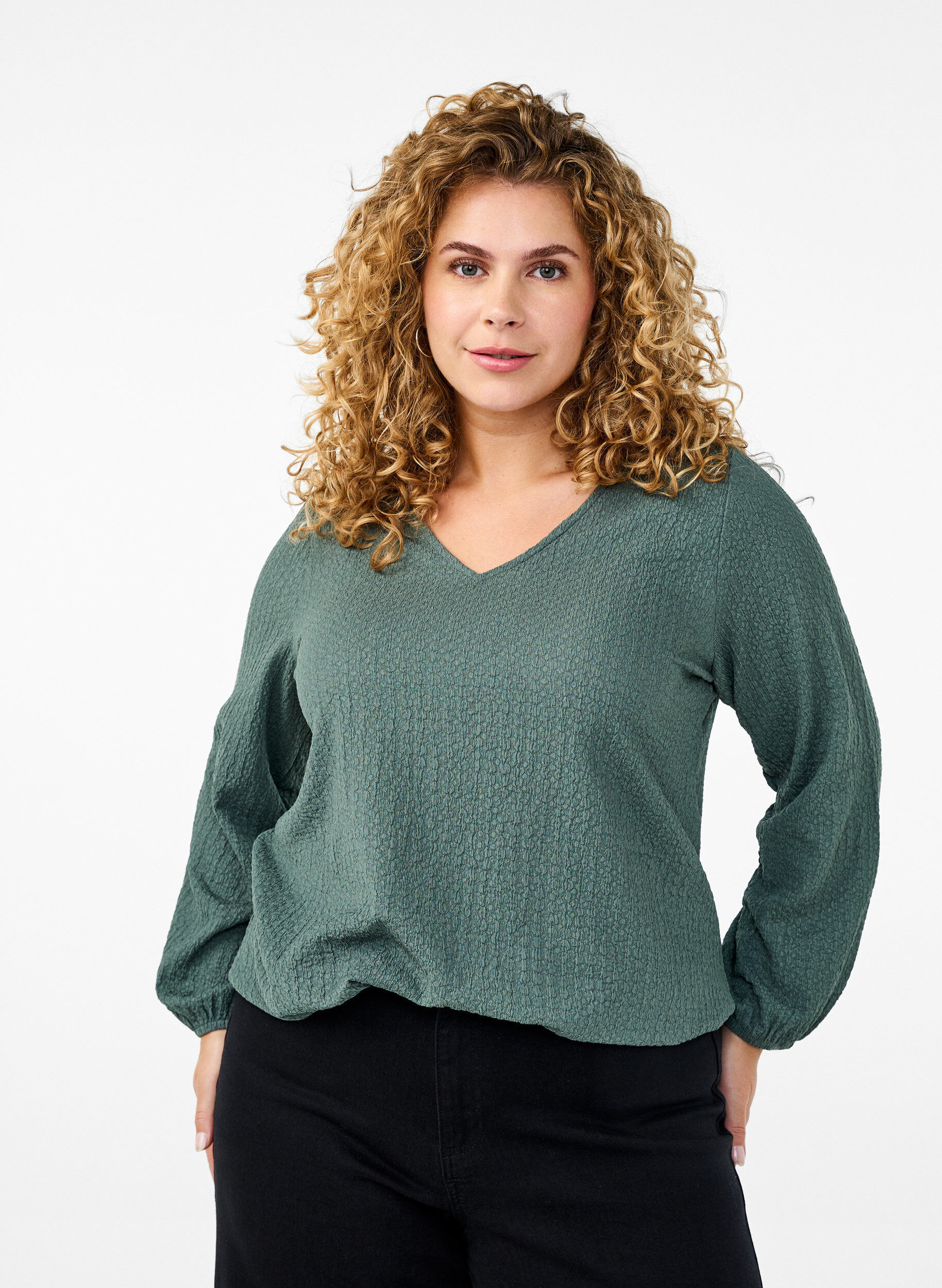 ZizziFLASH - Bluse mit Struktur und langen &Auml;rmeln, Balsam Green, Model image number 0