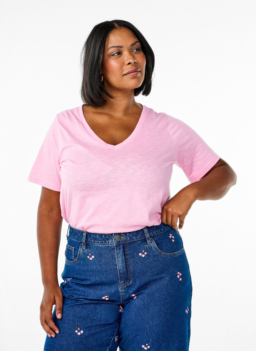 Kurz&auml;rmeliges Basic T-Shirt mit V-Ausschnitt, Pink, Model image number 0
