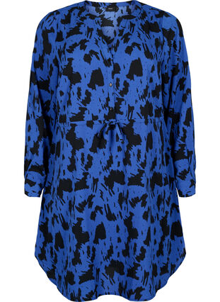 Bedrucktes Kleid mit Kordelzug in der Taille, Black Blue AOP, Packshot image number 0