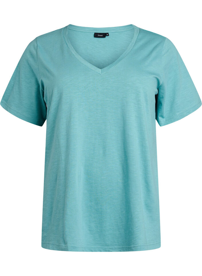 Kurz&auml;rmliges Basic-T-Shirt mit V-Ausschnitt, Blau, Packshot image number 0