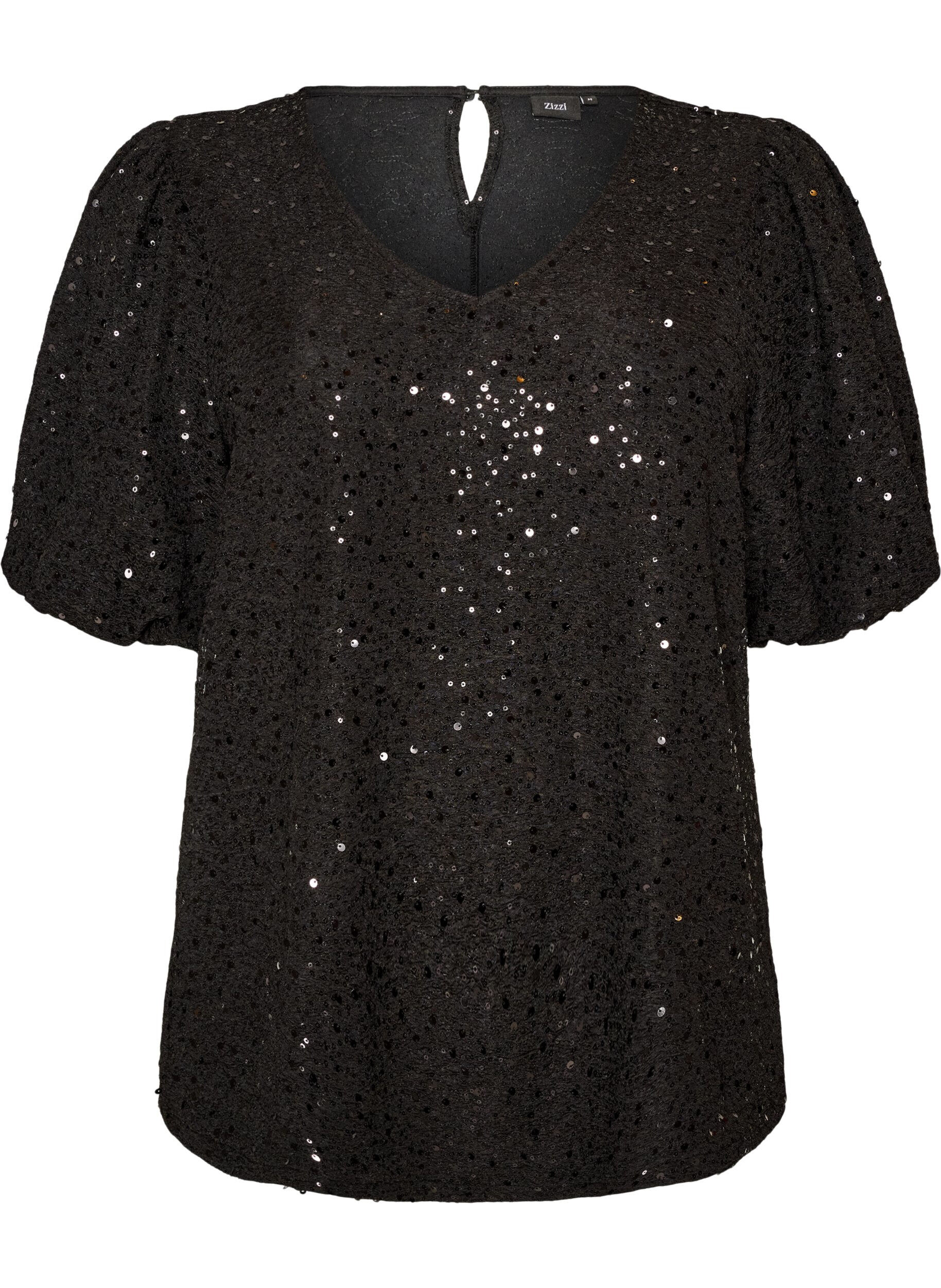 ZizziPaillettenbluse mit Ballon&auml;rmeln, Schwarz, Packshot image number 0