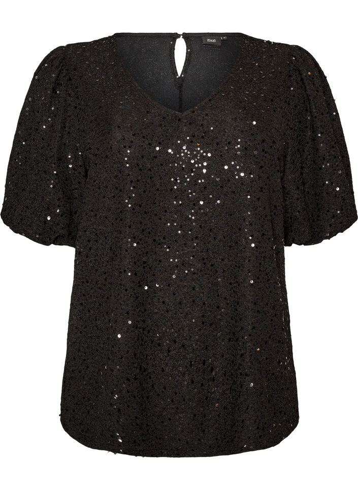 Paillettenbluse mit Ballon&auml;rmeln, Schwarz, Packshot image number 0