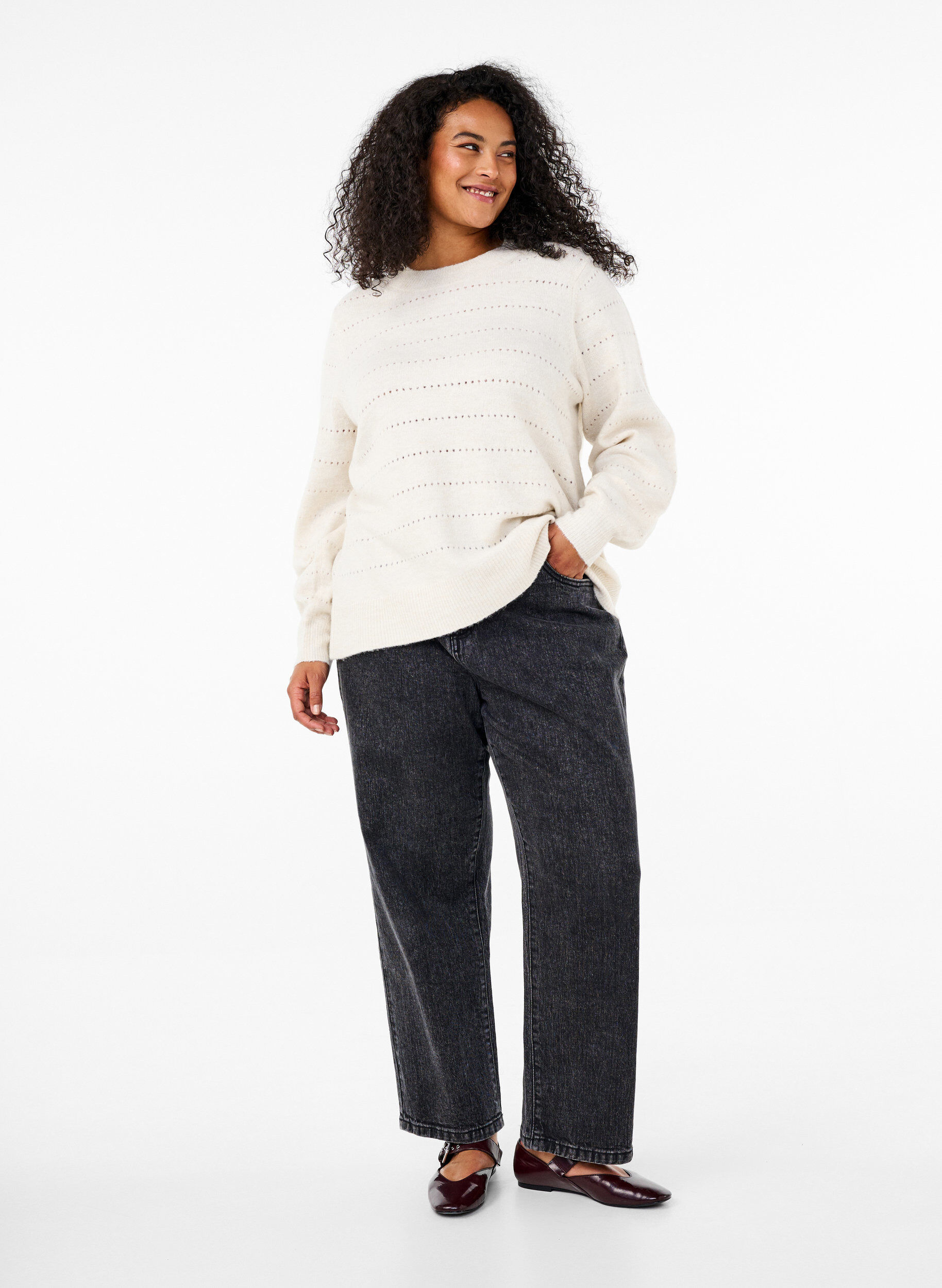 ZizziStrickbluse mit Rundhals und Spitzenmuster, Birch Mel., Model image number 2