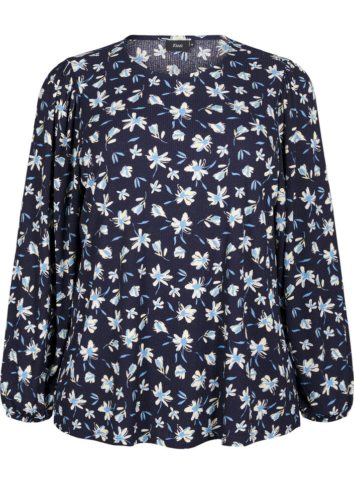 Bluse mit langen Ärmeln und geblümtem Print, Blau, Packshot image number 0