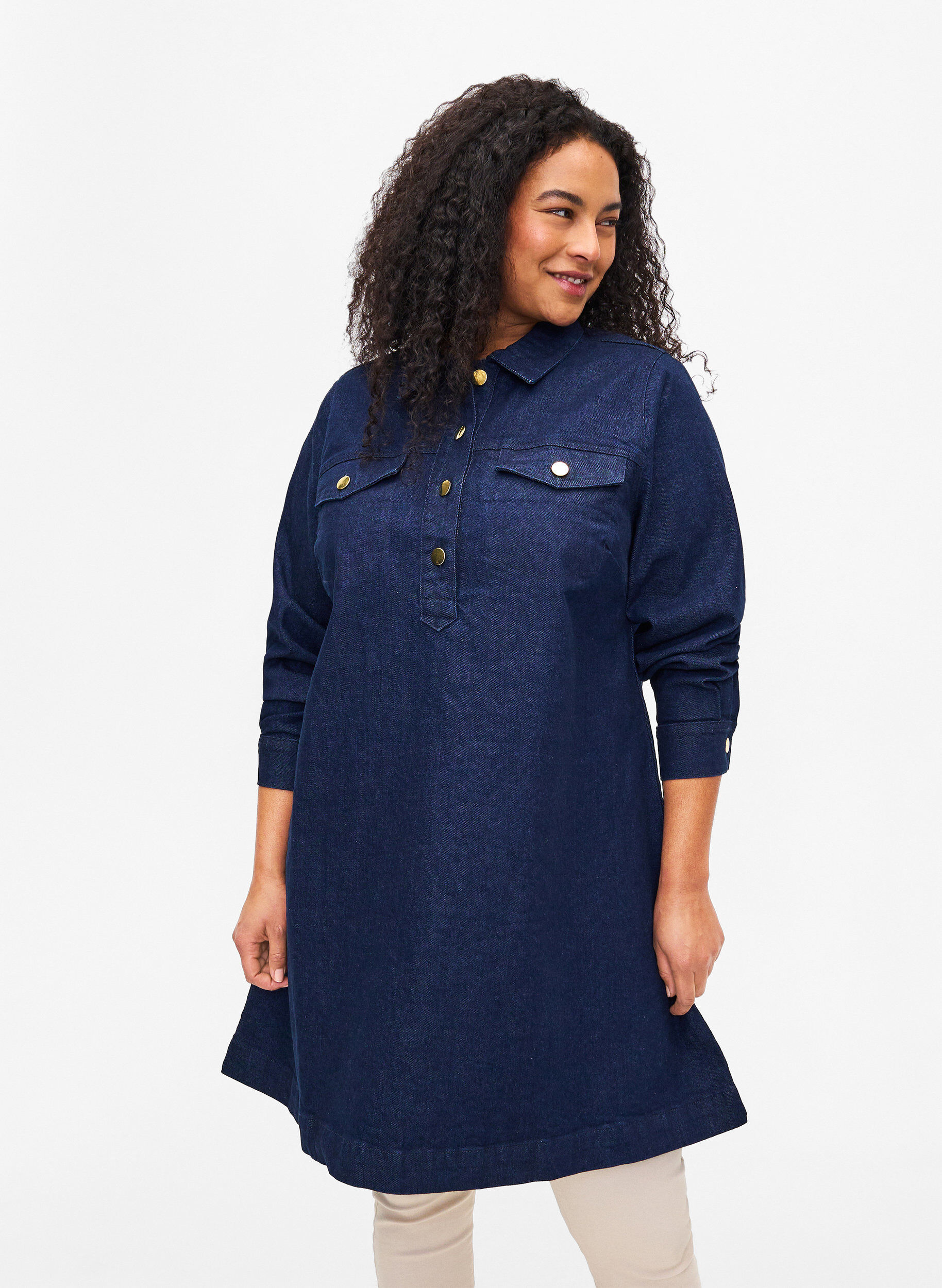 ZizziDenim-Kleid mit A-Form und Kn&ouml;pfen, Dark Blue Denim, Model image number 0