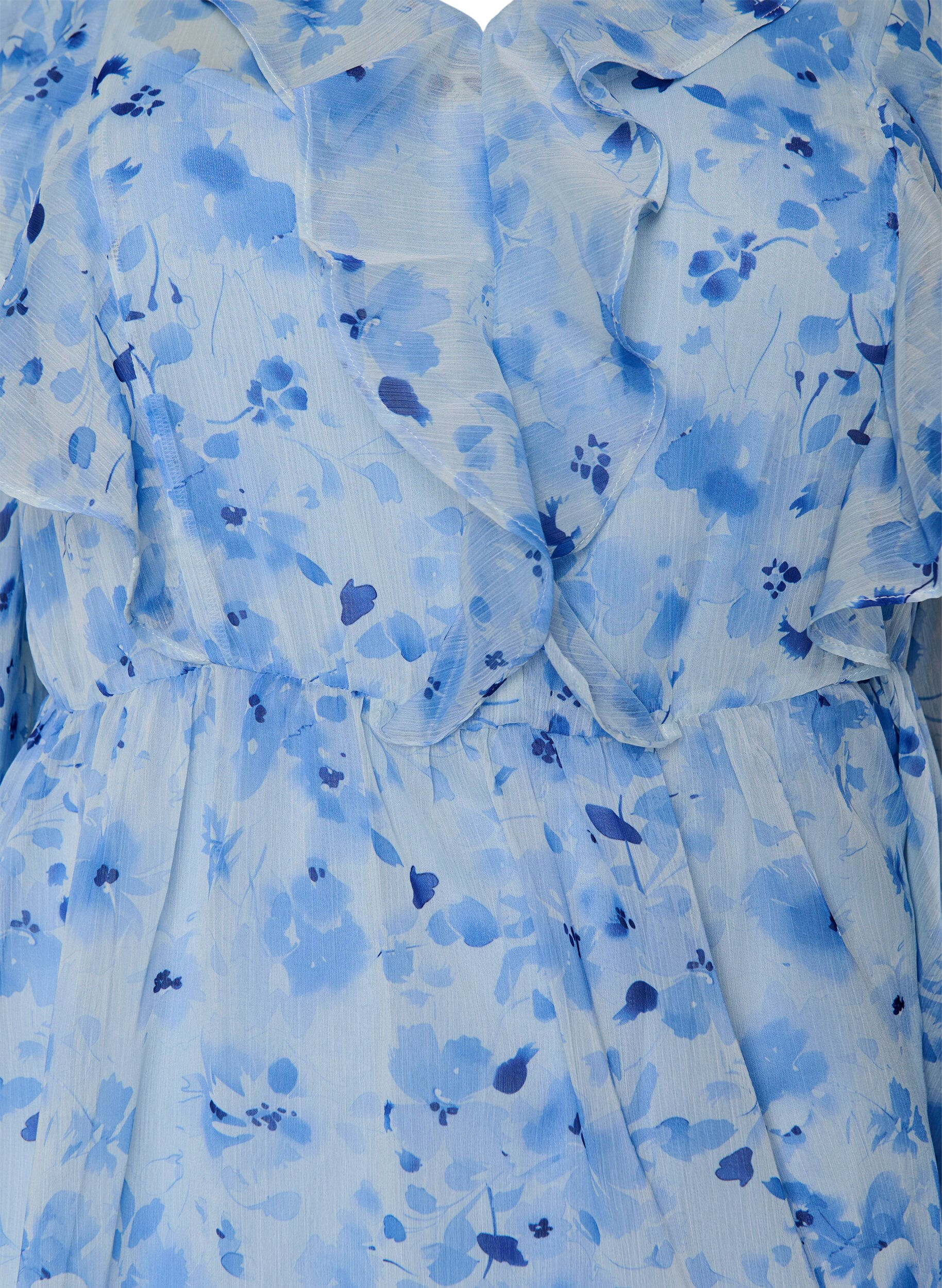 ZizziGebl&uuml;mtes Kleid aus Chiffon mit R&uuml;schen und langen &Auml;rmeln, Blau, Packshot image number 2