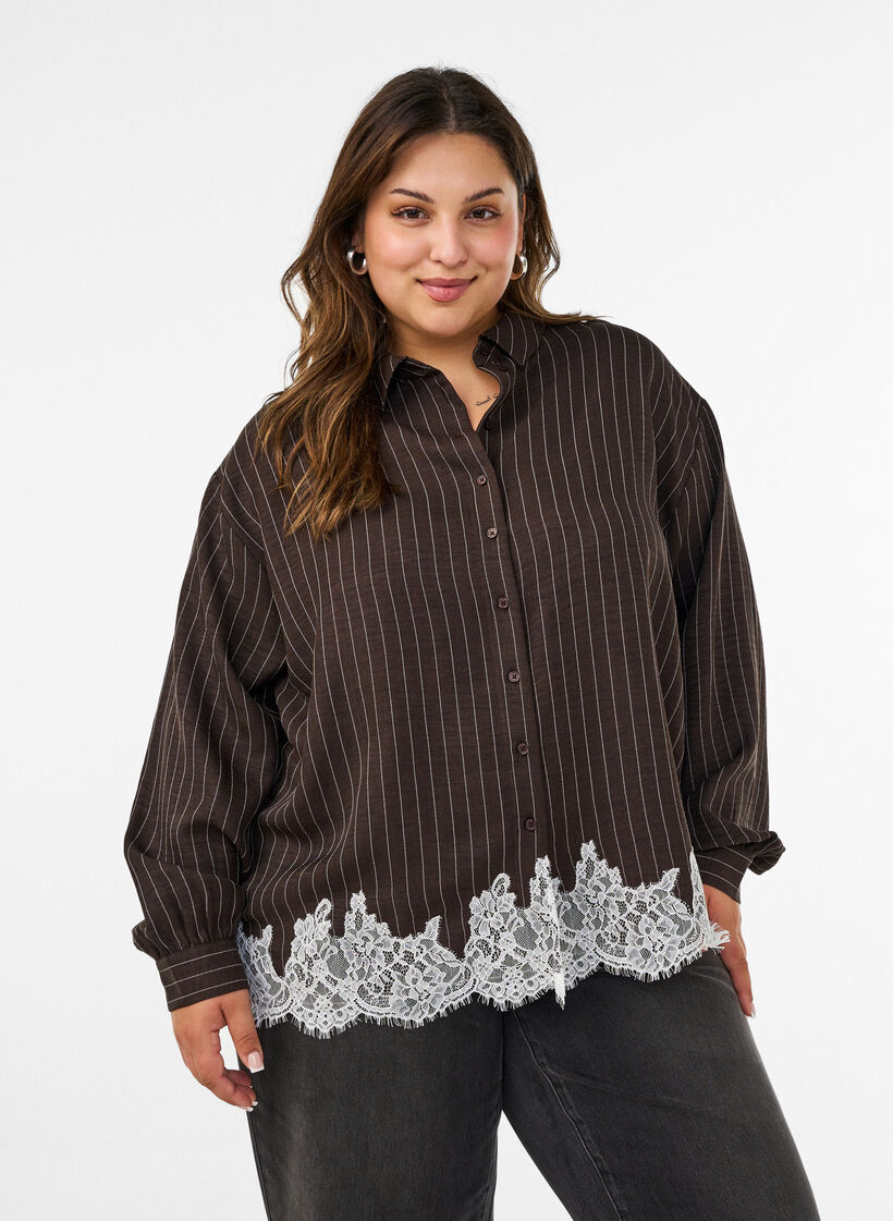 Nadelstreifenhemd mit Spitzenbesatz, Braun, Model image number 0