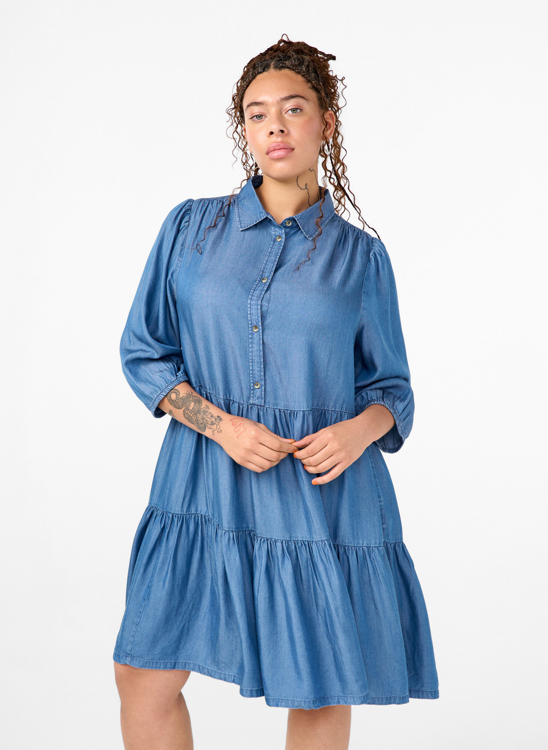 ZizziDenim-Kleid aus TENCEL&trade; Lyocell mit 3/4 &Auml;rmeln, Blue Denim, Model image number 0