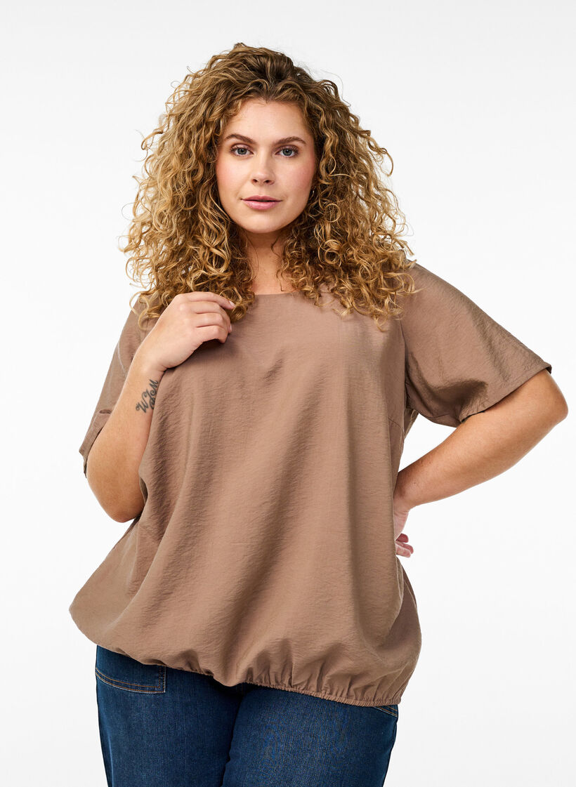 Bluse mit kurzen Ärmeln und elastischem Saum, Braun, Model image number 0