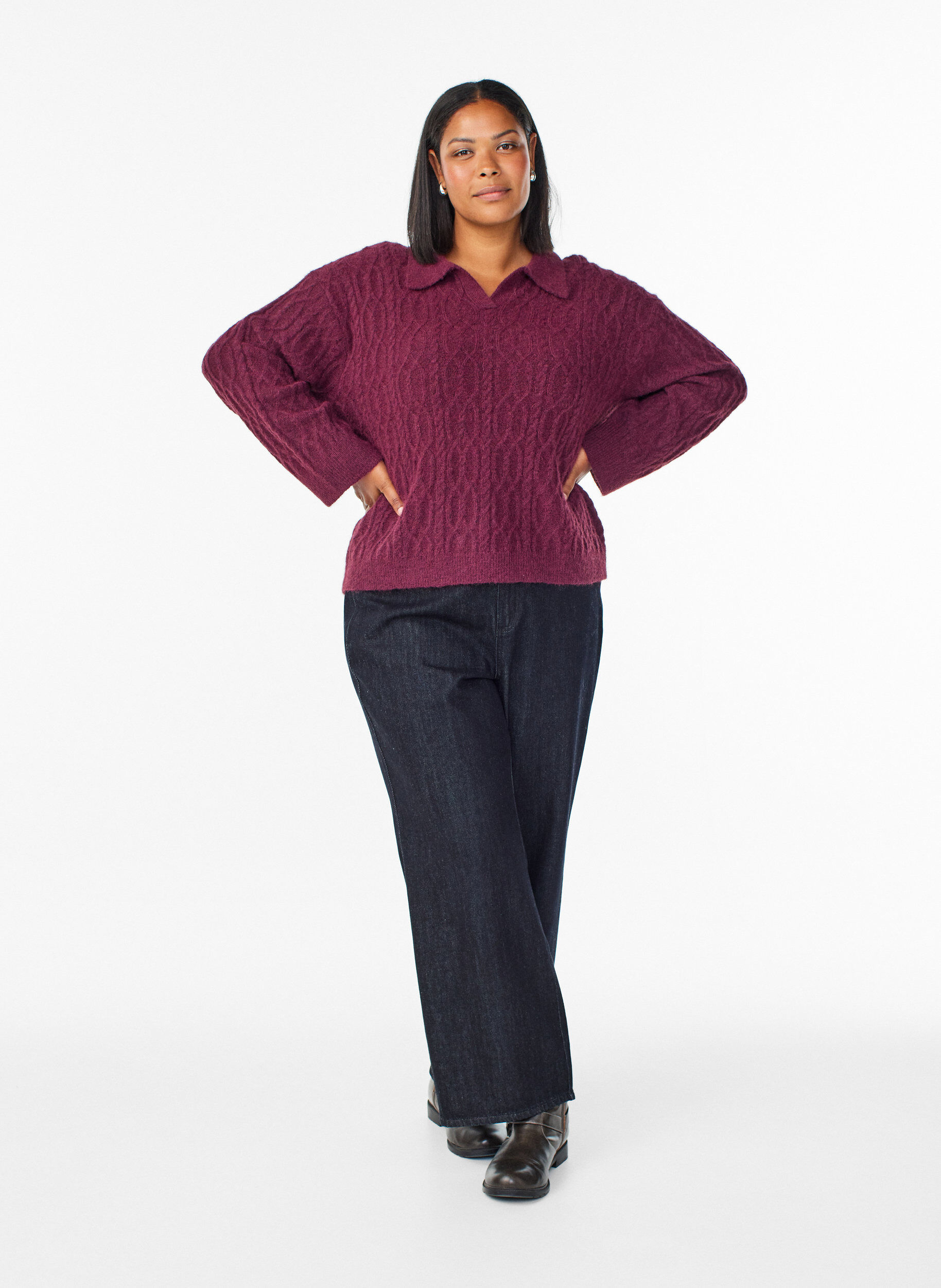 ZizziZopfmusterpullover mit Polokragen, Dunkles Bordeaux, Model image number 1