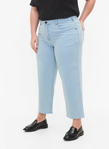 Straight Jeans mit Knöchellänge und Streifen, Light blue denim, Model image number 0
