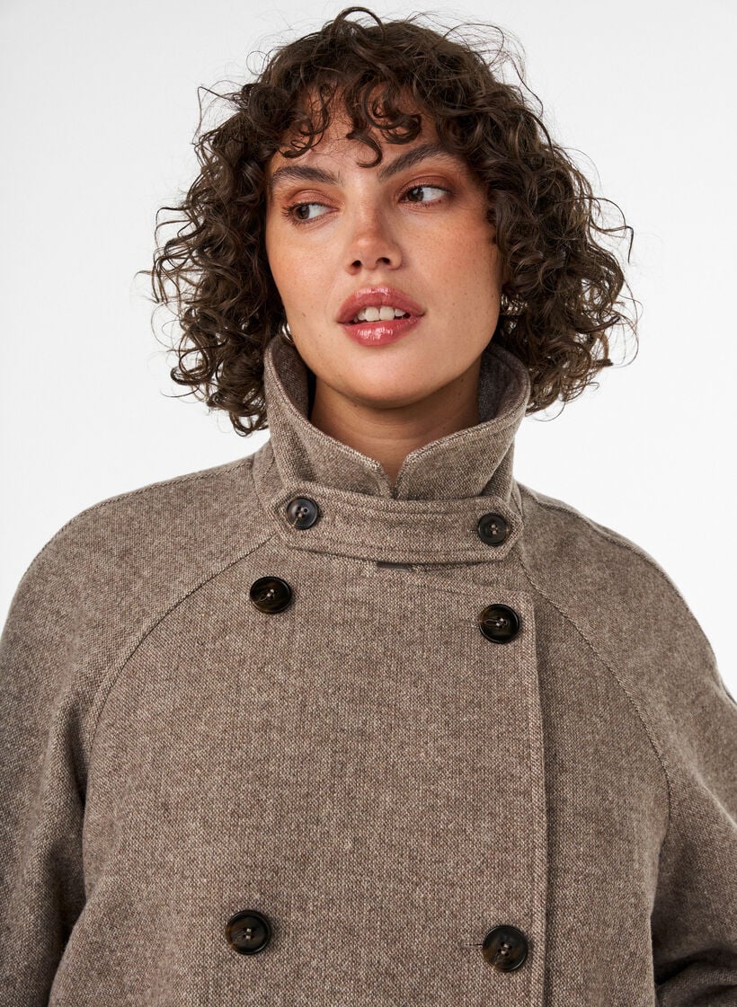 Langer Wollmantel mit hohem Kragen und doppelreihigem Design, Braun, Model image number 3