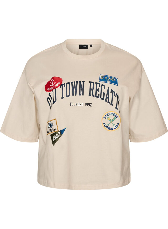 T-Shirt mit Textaufdruck und Badges, Beige, Packshot image number 0