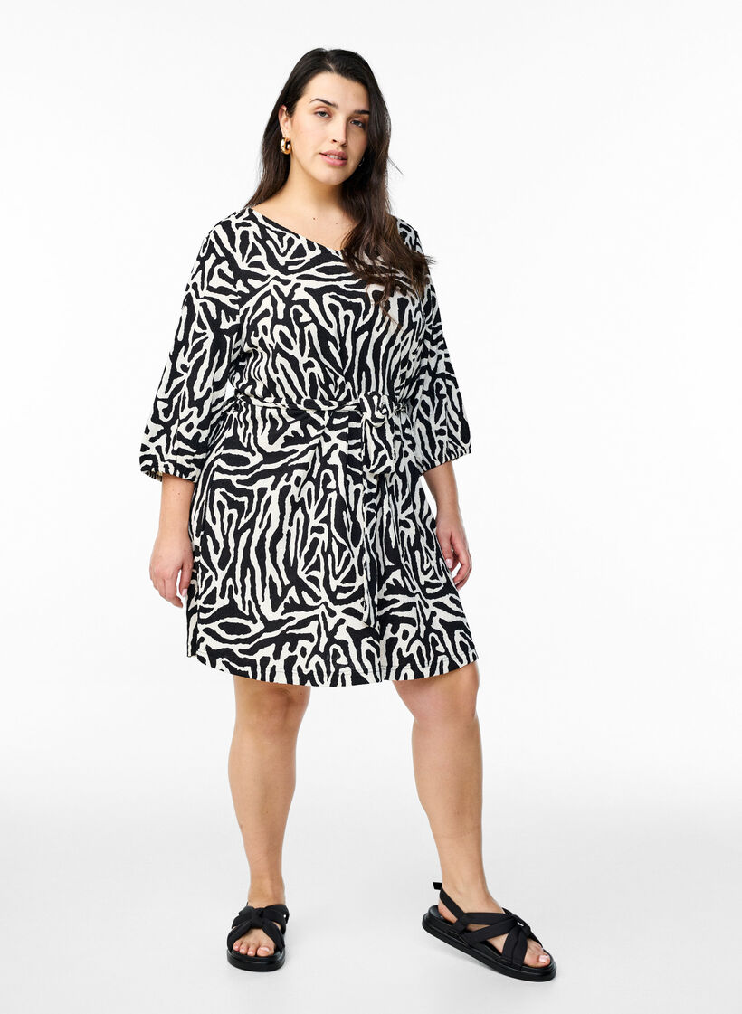 Kleid mit 3/4-Ärmeln und Zebraprint, Schwarz, Model image number 1