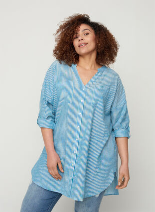 Gestreifte Hemdbluse aus 100% Baumwolle, Blue Stripe, Model image number 2