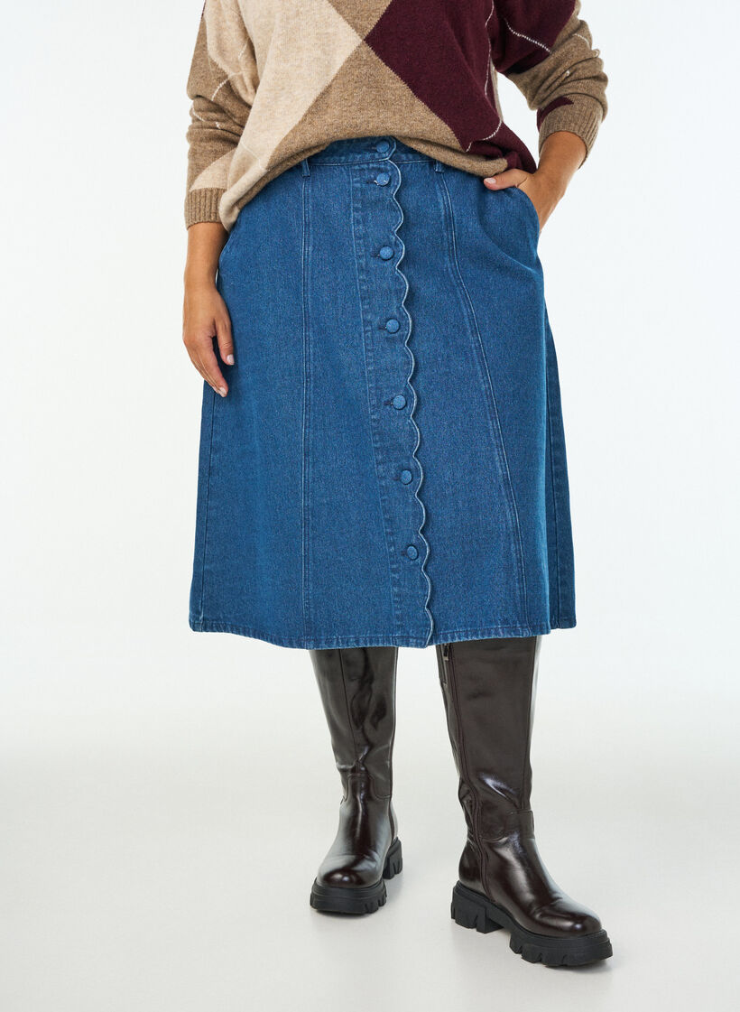 A-Linien-Jeansrock mit gewellter Knopfleiste, Blau, Model image number 2