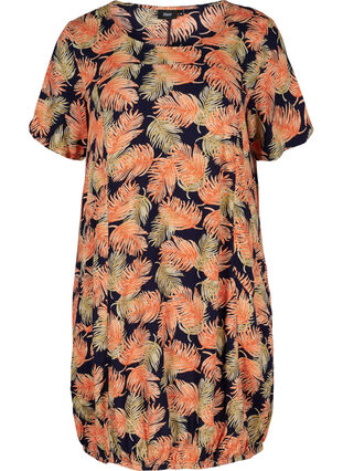 Kurzarm Viskosekleid mit Print, Orange Leaf, Packshot image number 0