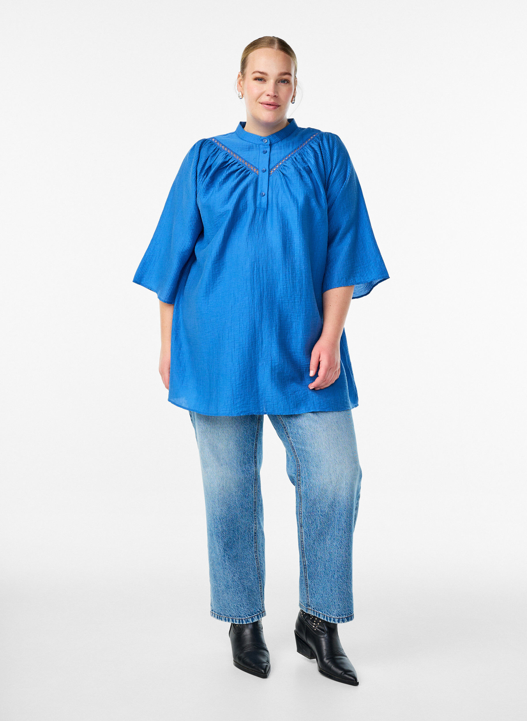 ZizziTunika mit H&auml;kelborten und Streifenstruktur, Blau, Model image number 1