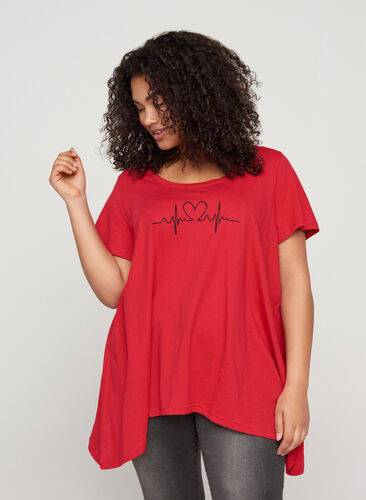 Kurzarm T-Shirt aus Baumwolle mit A-Linie, Lipstick Red HEART, Model image number 0