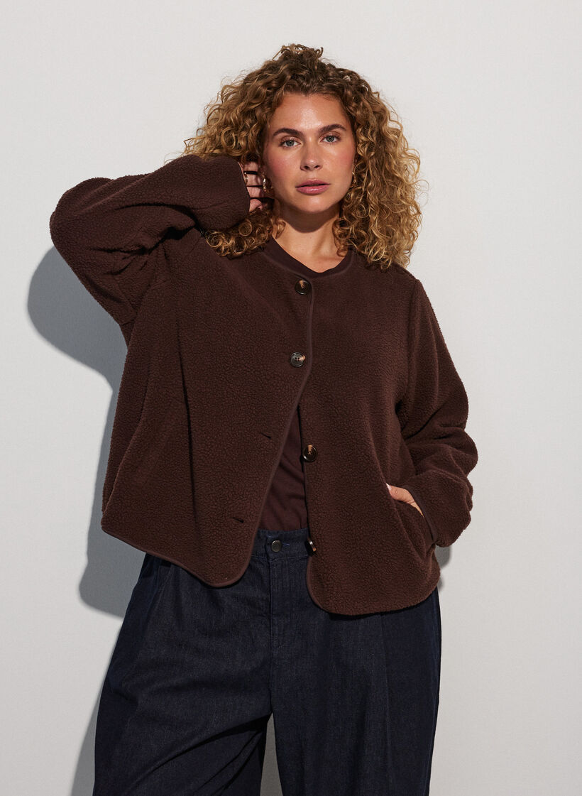 Teddyjacke mit Rundhalsausschnitt und Kn&ouml;pfen, Braun, Model image number 0
