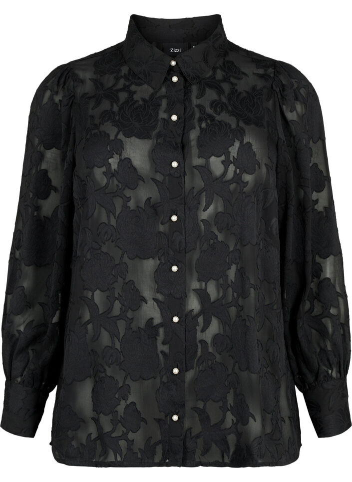 Jacquard-Bluse mit Perlenknöpfen, Black, Packshot image number 0