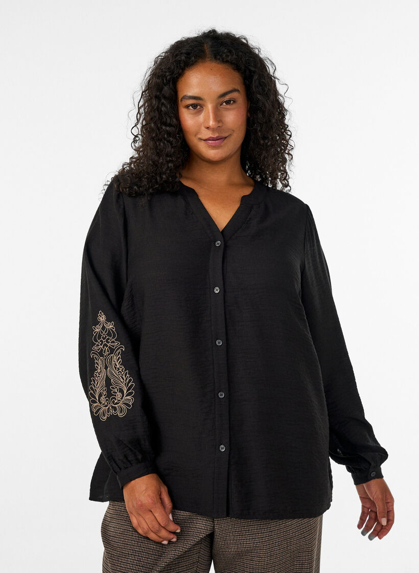 Bluse aus Viskose mit bestickten &Auml;rmeln, Schwarz, Model image number 0