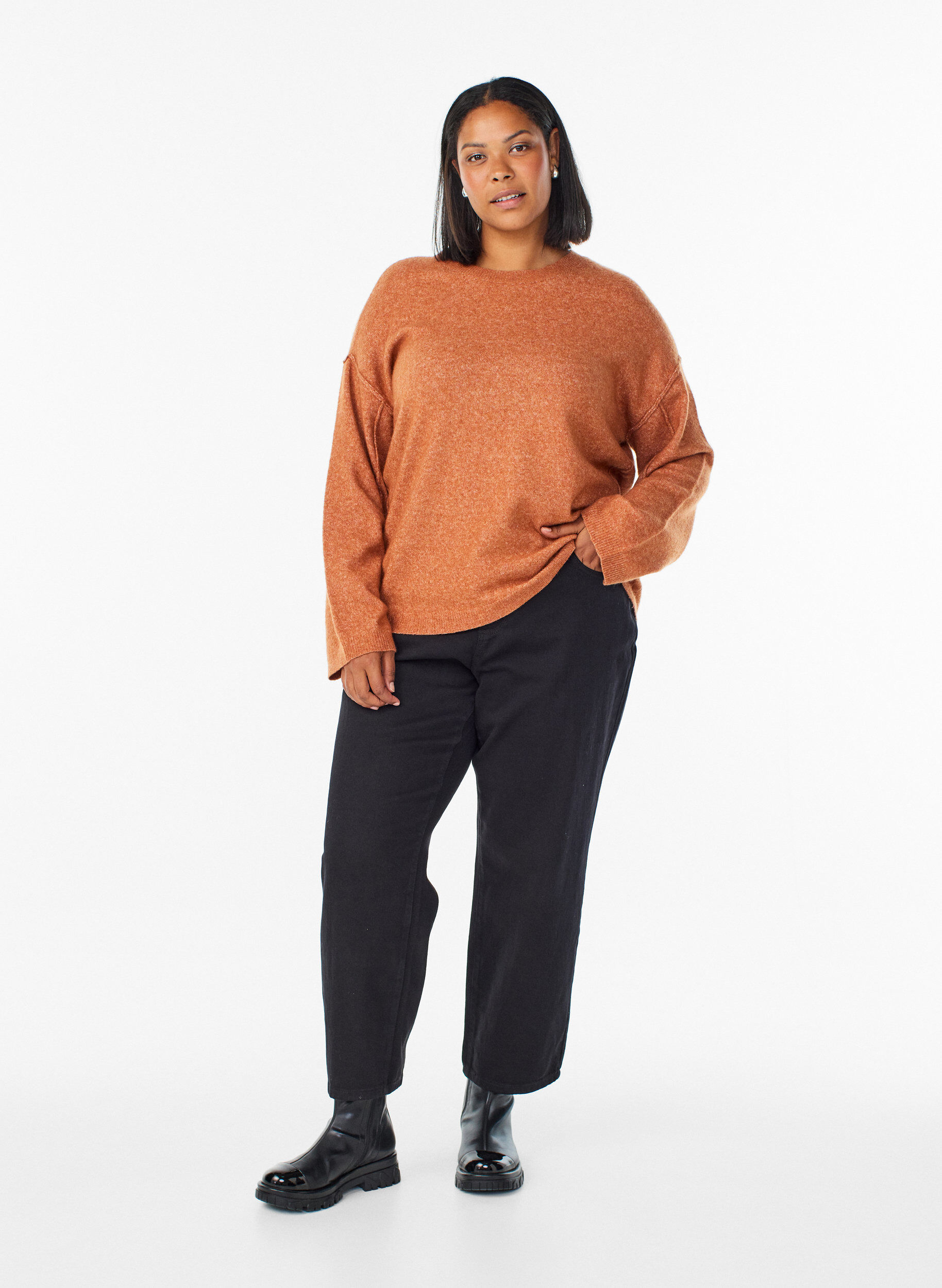 ZizziLockerer Strickpullover mit Kontrastn&auml;hten, Orange, Model image number 1