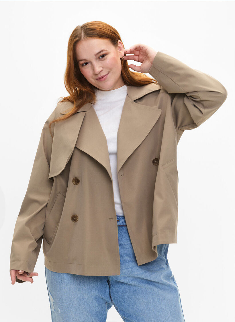 Kurzer Trenchcoat mit Druckknopfverschluss, Coriander, Model image number 0