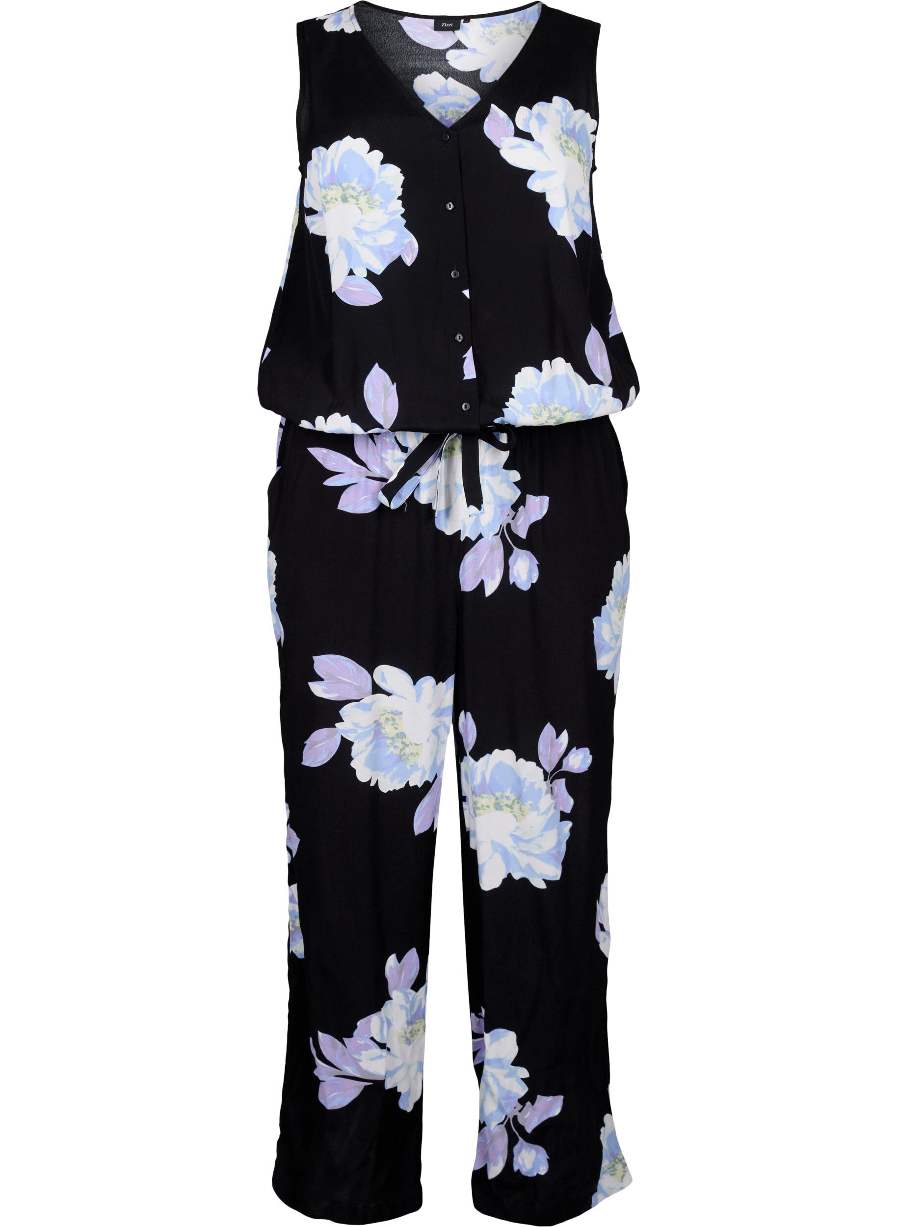 Zizzi&Auml;rmelloser Jumpsuit aus Viskose, Black Big Flower AOP, Packshot image number 0