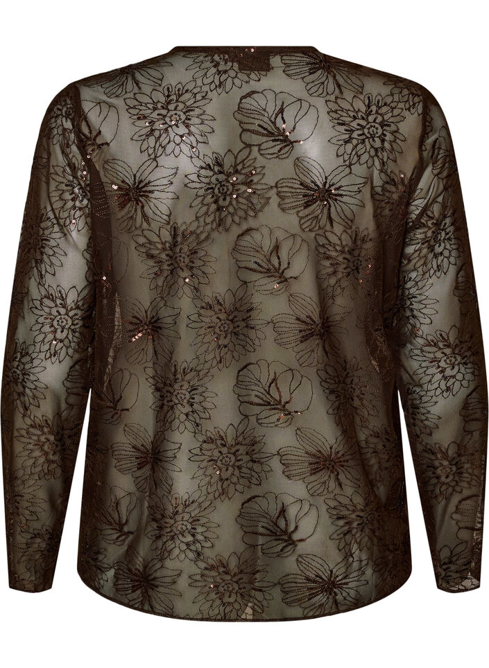 Bluse aus Mesh mit Blumen und Pailletten, Braun, Packshot image number 1