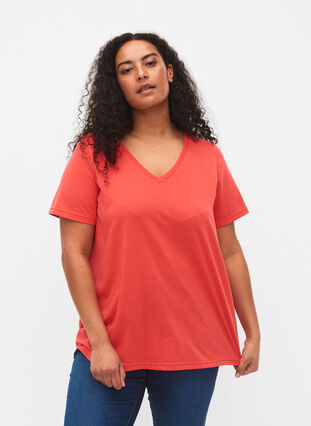 Kurzärmeliges T-Shirt mit V-Ausschnitt, Cayenne, Model image number 0