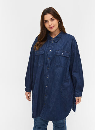 Oversize Denim-Hemdbluse mit Taschen, Dark blue denim, Model image number 0