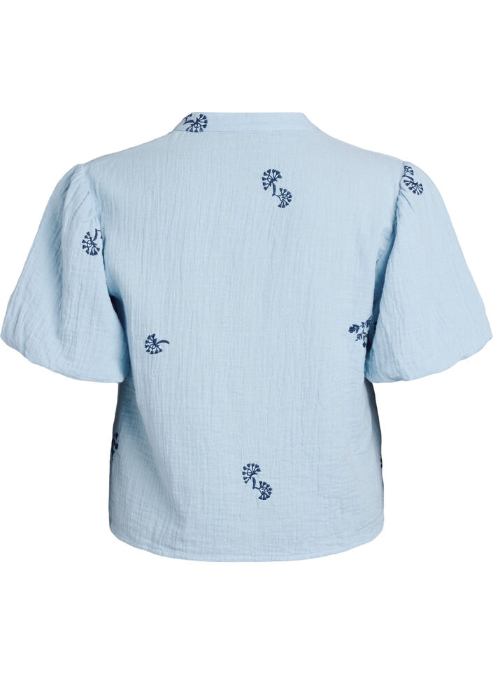 Bluse aus Baumwoll-Musselin mit Ballon&auml;rmeln und Stickereidetails, Blau, Packshot image number 1