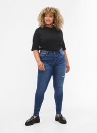 High Waist Amy-Jeans mit Knöpfen, Blue denim, Model