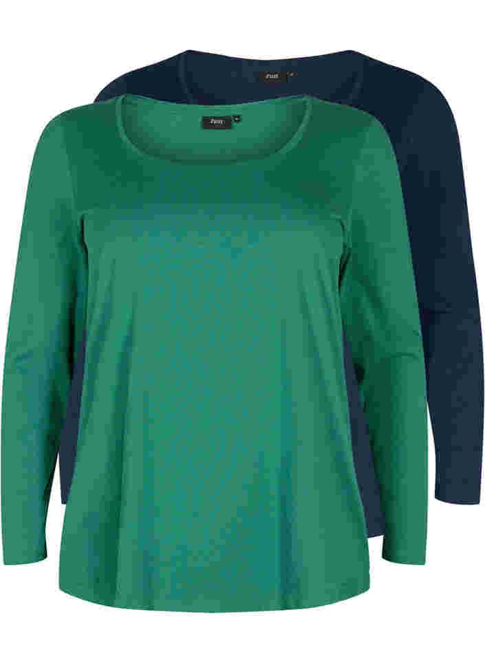 2er-Pack Basic-Bluse aus Baumwolle, Antique Green/Navy, Packshot image number 0