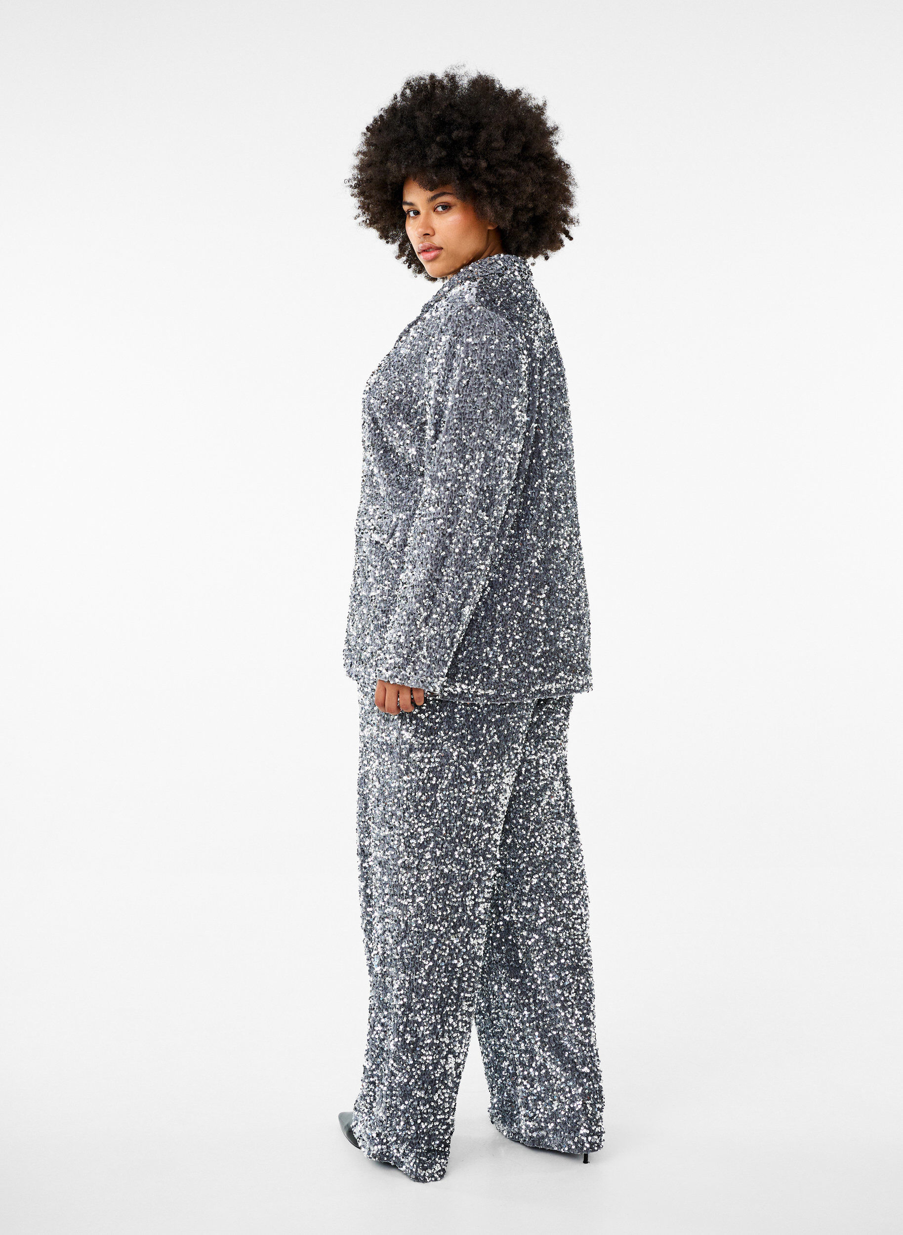 ZizziLockere Paillettenhose mit hohem Taillensitz, Silver, Model image number 1