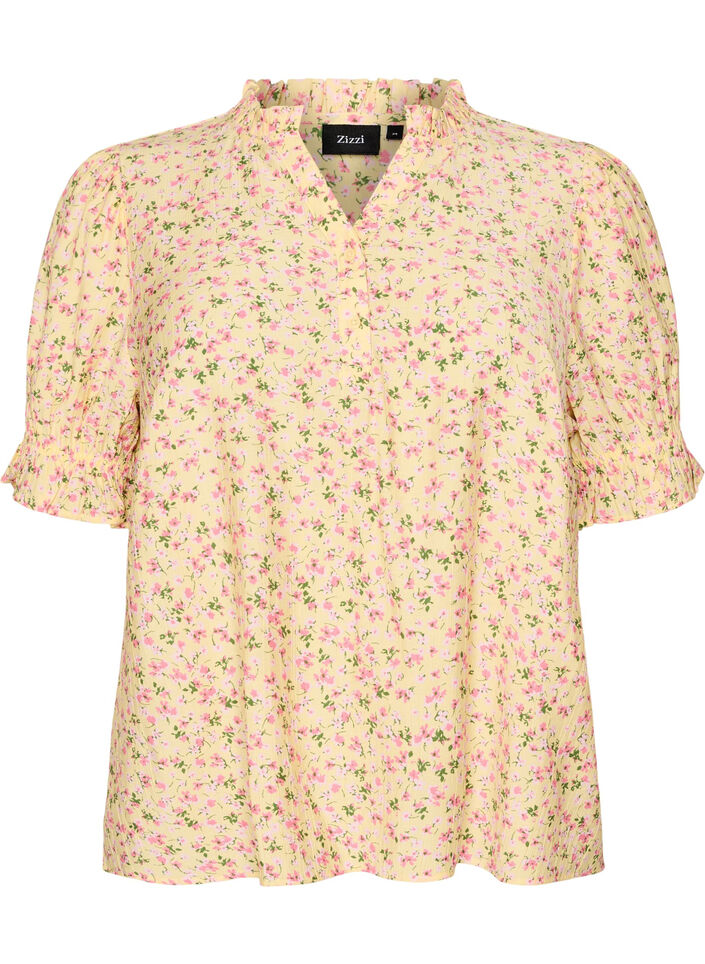 Gebl&uuml;mte Bluse aus Viskose mit kurzen &Auml;rmeln und R&uuml;schenkragen, Gelb, Packshot image number 0
