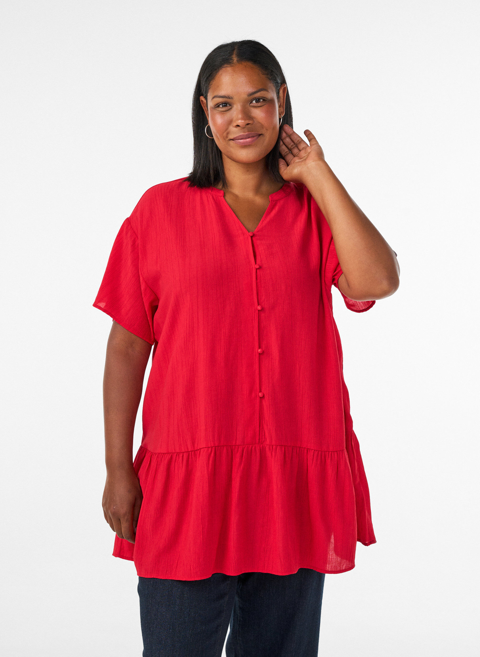 ZizziLockere Tunika mit gekr&auml;uselter Struktur und R&uuml;schensaum, Rot, Model image number 0