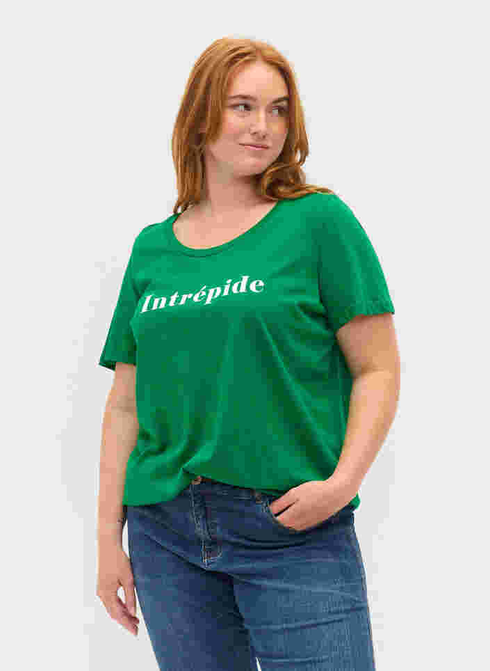 Kurzärmeliges Baumwoll-T-Shirt mit Textdruck, Jolly Green, Model