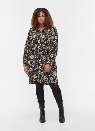 Kleid mit Print und passendem Haargummi, Black Beige AOP, Model image number 2