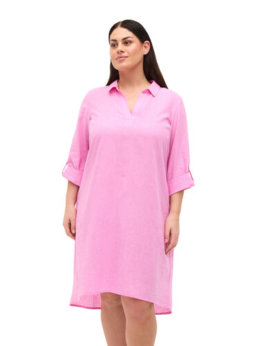 Gestreiftes Kleid aus Baumwolle und Leinen, Begonia Pink, Model image number 0