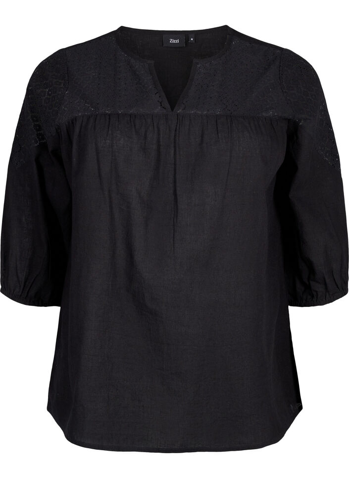Bluse aus Baumwollmischung mit Leinen und H&auml;keldetails, Black, Packshot image number 0