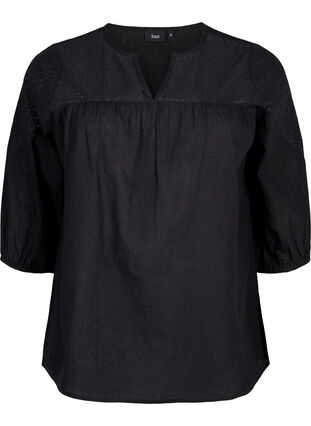 Bluse aus Baumwollmischung mit Leinen und Häkeldetails, Black, Packshot image number 0